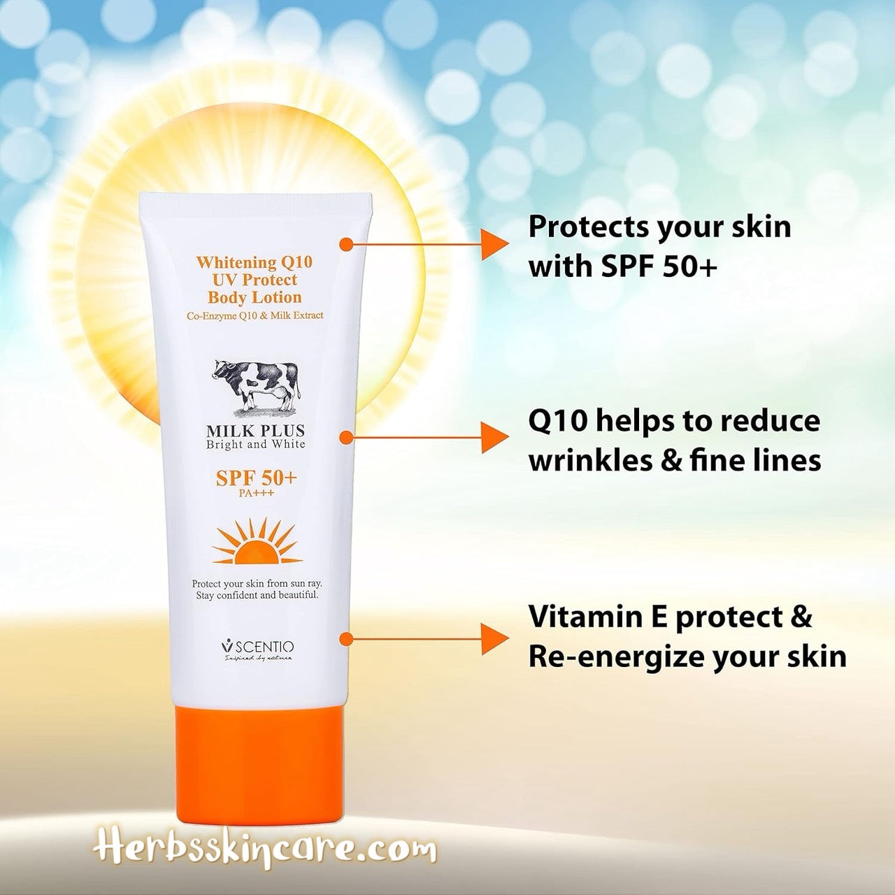 BEAUTY BUFFET SCENTIO LECHE PLUS BLANQUEADORA Q10 LOCIÓN CORPORAL PROTECTORA UV SPF 50 +PA++ 100 ML.