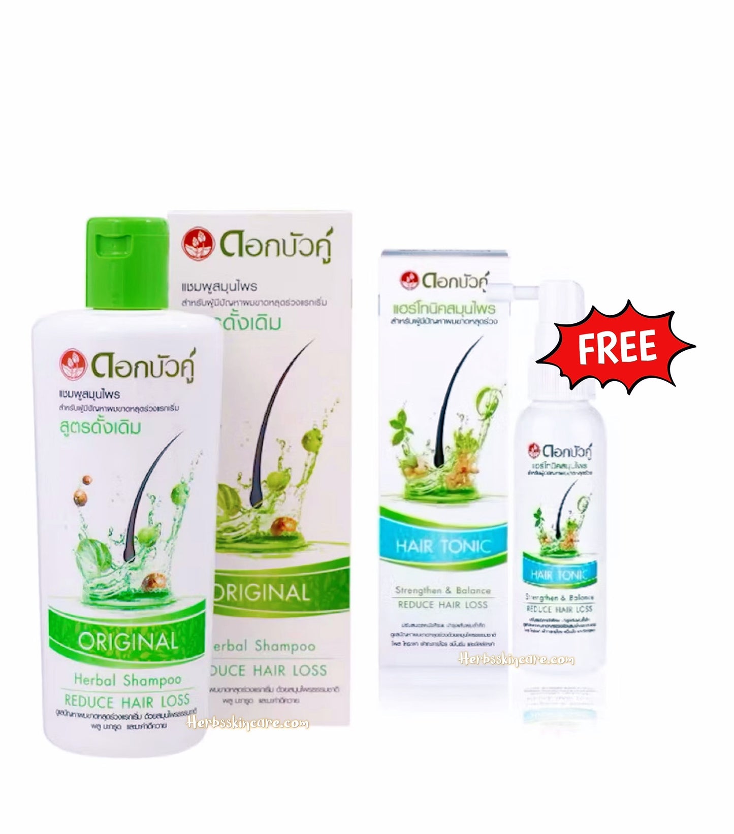DOK BUA KU HERBAL SHAMPOO REDUCE HAIR LOSS ORIGINAL FORMULA 200 ML. (FREE HAIR TONIC)