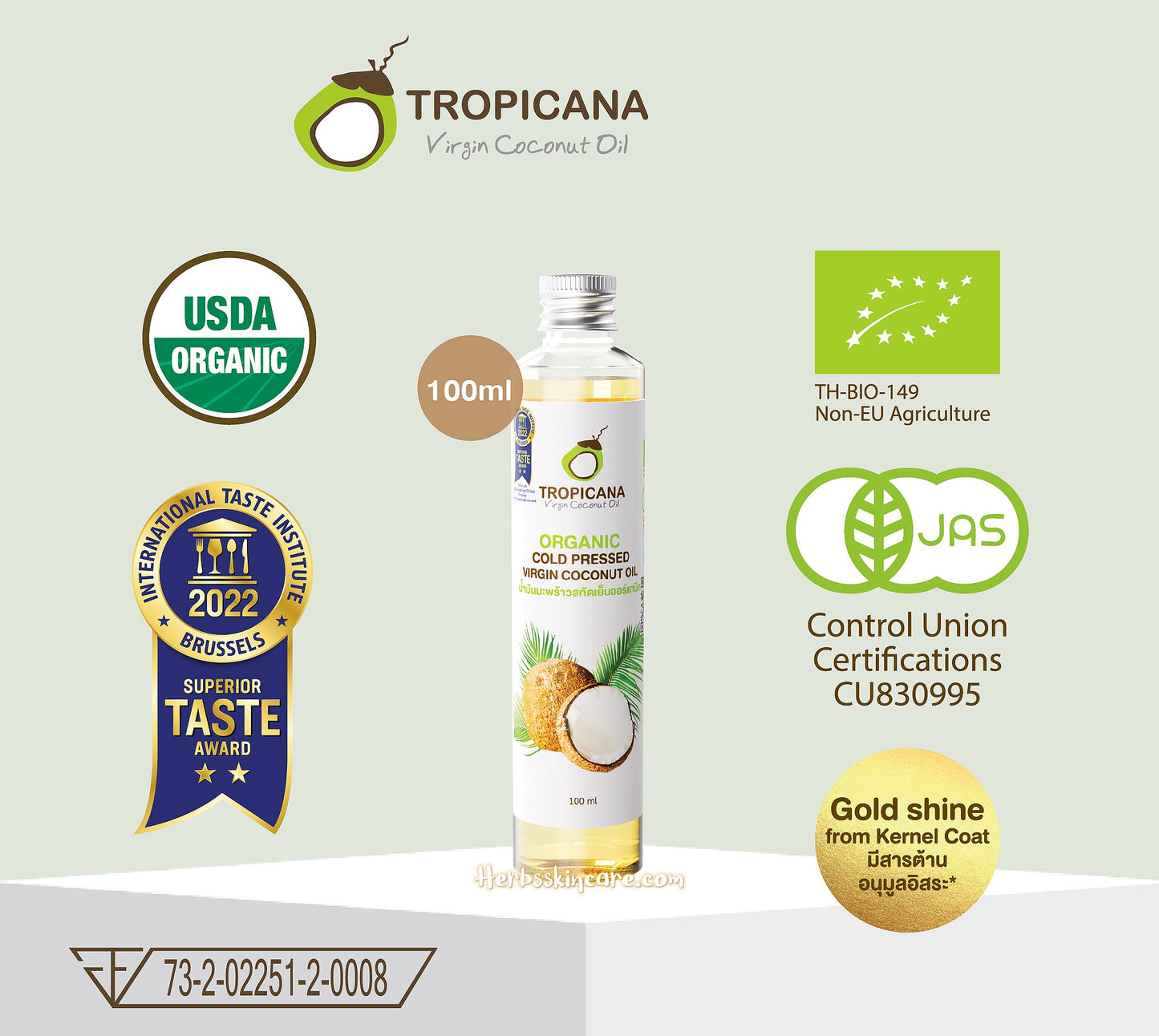 TROPICANA ORGANIC COLD PRESSED VIRGIN COCONUT OIL 100 ML.